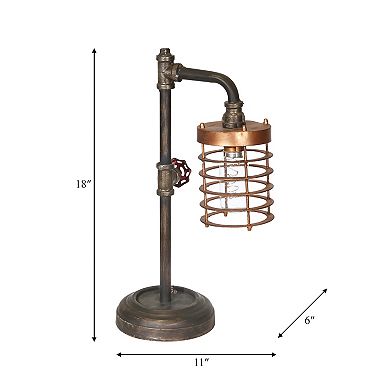 Industrial Style Metal Pipe Table Lamp, Bulb Included, Battery Operated, Black And Copper