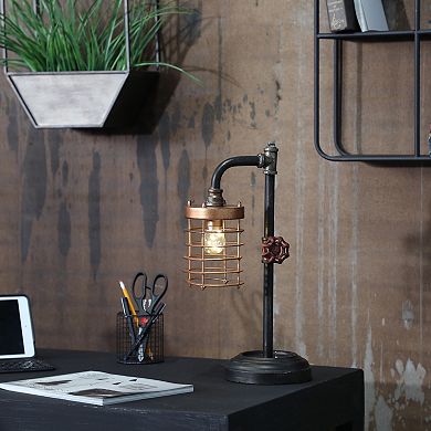 Industrial Style Metal Pipe Table Lamp, Bulb Included, Battery Operated, Black And Copper
