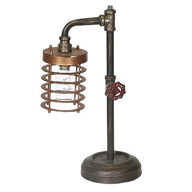 Industrial Style Metal Pipe Table Lamp, Bulb Included, Battery Operated, Black And Copper