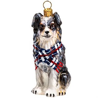 Joy To The World Australian Shepherd With Scarf Polish Glass Tree Ornament