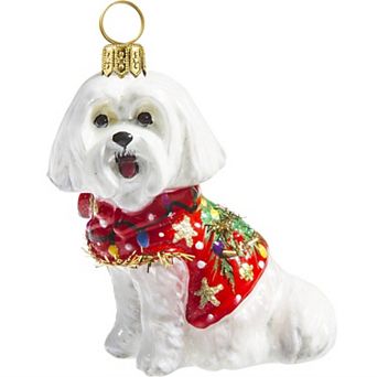 Joy To The World Maltese In Ugly Christmas Sweater Dog Polish Glass Tree Ornament