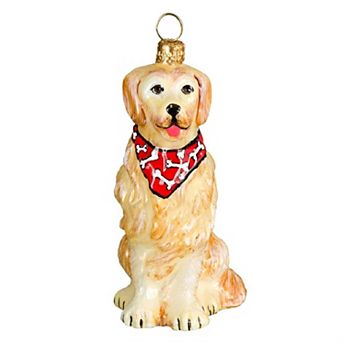 Joy To The World Golden Retriever With Bandana Sitting Dog Glass Christmas Ornament