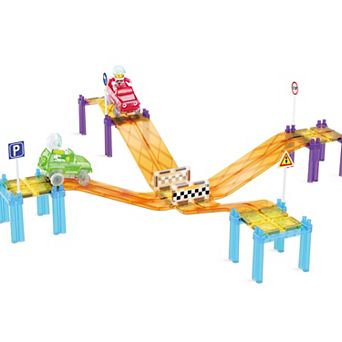 PICASSO-TILES 45 pc Race Car Tracks with Slopes for Racing, Magnetic Building Toys for Kids 3+