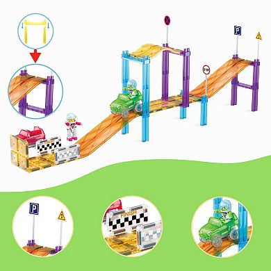 PICASSO-TILES 45 PC Race Car Tracks with Slopes for Racing, Magnetic Building Toys for Kids 3+