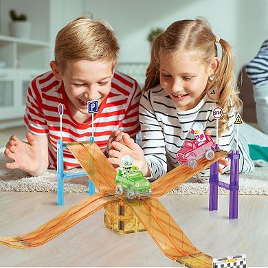 PICASSO-TILES 45 PC Race Car Tracks with Slopes for Racing, Magnetic Building Toys for Kids 3+