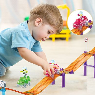 PICASSO-TILES 45 PC Race Car Tracks with Slopes for Racing, Magnetic Building Toys for Kids 3+
