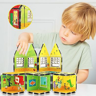 PicassoTiles 24 PC Pete The Cat Magnetic Tile House, Magnetic Building Blocks for Kids 3+