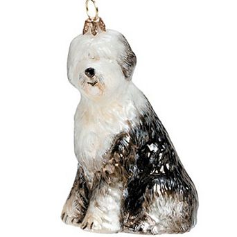 Joy To The World Old English Sheepdog Polish Blown Glass Christmas Ornament
