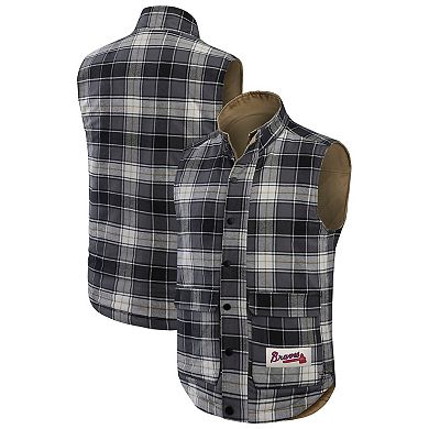 Men's Darius Rucker Collection by Fanatics Tan/Charcoal Atlanta Braves Reversible Canvas & Plaid Patch Full-Zip Vest