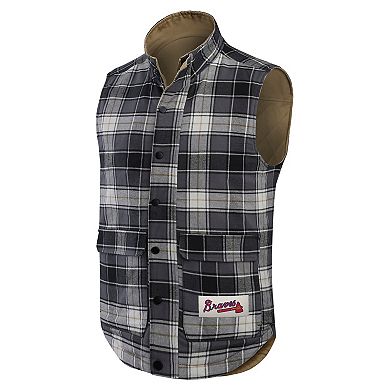 Men's Darius Rucker Collection by Fanatics Tan/Charcoal Atlanta Braves Reversible Canvas & Plaid Patch Full-Zip Vest