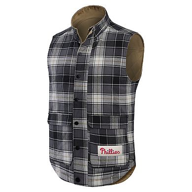 Men's Darius Rucker Collection by Fanatics Tan/Charcoal Philadelphia Phillies Reversible Canvas & Plaid Patch Full-Zip Vest