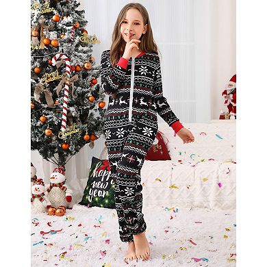 Christmas Pajamas For Family/couples Front Zipper Round Neck Jumpsuit Fleece-lined Matching Jammies