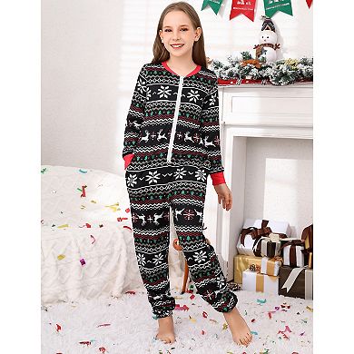 Christmas Pajamas For Family/couples Front Zipper Round Neck Jumpsuit Fleece-lined Matching Jammies