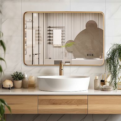 Parisloft Rectangular Metal Wall Mirror with Rounded Corner for Bathroom, 24x36 inch, Shampagne Gold