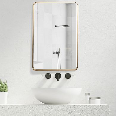 Parisloft Rectangular Metal Wall Mirror with Rounded Corner for Bathroom, 24x36 inch, Shampagne Gold