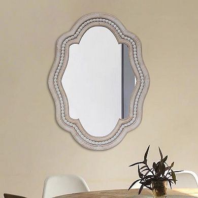Parisloft Whitewash Beaded Scalloped Wood Wall Mirror for Bathroom, Entryway, Bedroom, 27.125"H