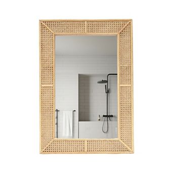 Parisloft Wooden and Rattan Wall Mirror, Boho Rectangle Wall Mirror for Living Room, Bedroom, 37.8"H