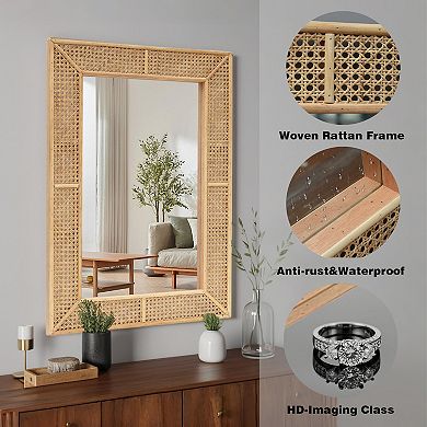 Parisloft Wooden and Rattan Wall Mirror, Boho Rectangle Wall Mirror for Living Room, Bedroom, 37.8"H
