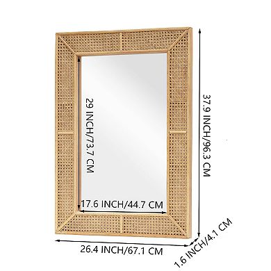 Parisloft Wooden and Rattan Wall Mirror, Boho Rectangle Wall Mirror for Living Room, Bedroom, 37.8"H