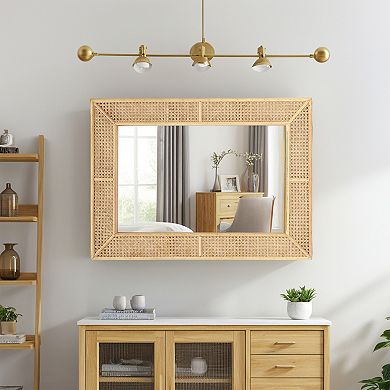 Parisloft Wooden and Rattan Wall Mirror, Boho Rectangle Wall Mirror for Living Room, Bedroom, 37.8"H