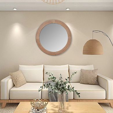 Parisloft Round Wood Mirror for Bathroom, Entryway, Brown, 31.5 Inch
