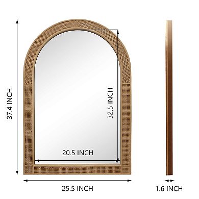 Parisloft Boho Arch Rattan Wall Mirror for Bathroom Living Room - 25.5 x 37.4 Inch, Brown