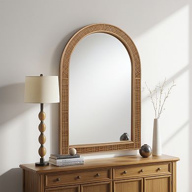Parisloft Boho Arch Rattan Wall Mirror for Bathroom Living Room - 25.5 x 37.4 Inch, Brown