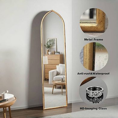 Parisloft Arched Metal Framed Full Length Wall Mirror for Bedroom Living Room, Antique Gold, 50" H