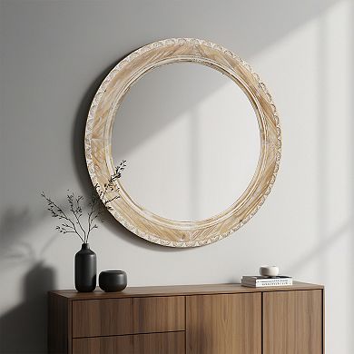 Parisloft 29.5" Wooden Round Mirrorr for Bathroom, Living Room