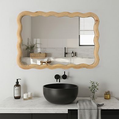 Parisloft Natural Wood Wavy Wall Mirror, 18.8 x 27.2 Inch