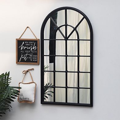 Parisloft Arched Metal Framed Window Mirror, Antique Black
