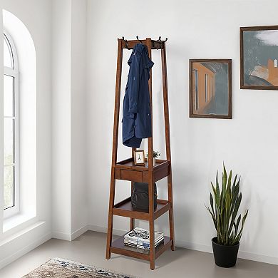 eHemco 8 Hooks Coat Rack Stand With 3 Tier And 1 Drawer, Coffee