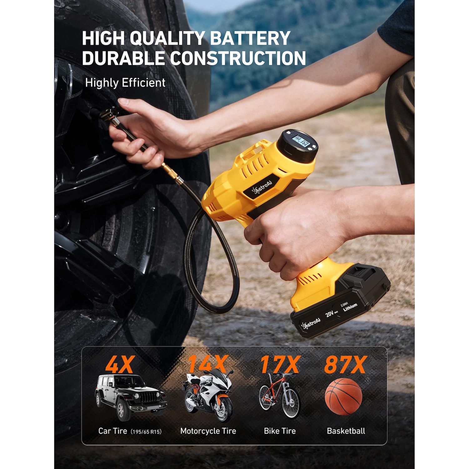 thumbnail image 2 of 20V Portable Tire Inflator / Air Compressor – Cordless Car Tire Pump, 12V DC, Portable, Yellow 2 of 4