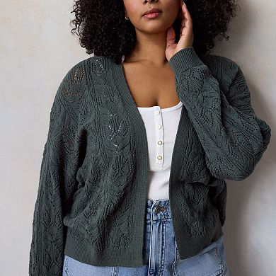 Plus Size LC Lauren Conrad Open Front Pointelle Stitch Cardigan