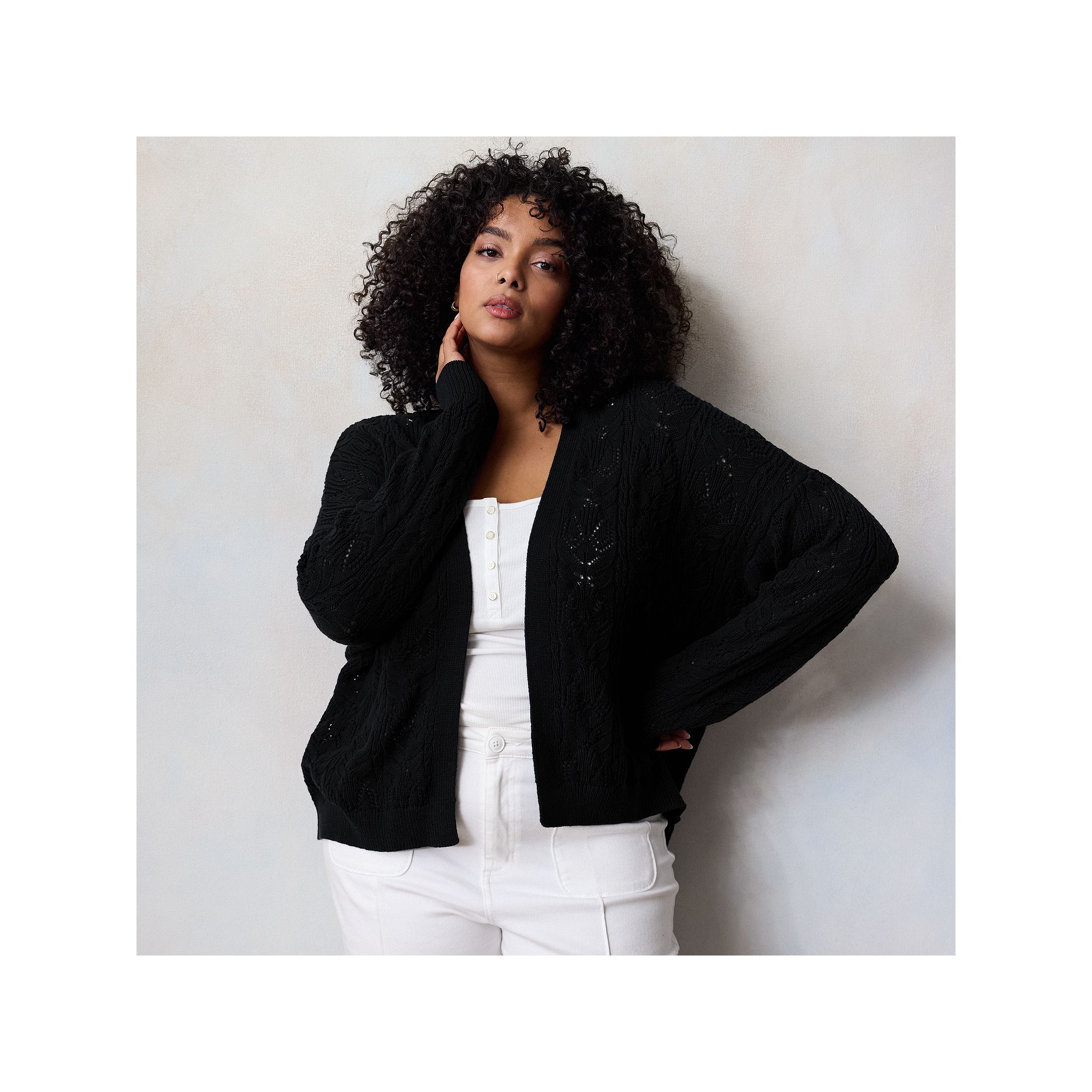 Plus Size LC Lauren Conrad Open Front Pointelle Stitch Cardigan, Womens, S