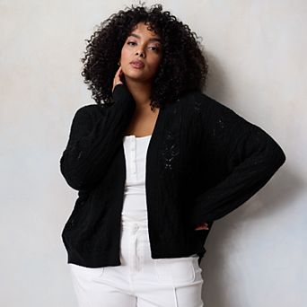 Plus Size LC Lauren Conrad Open Front Pointelle Stitch Cardigan