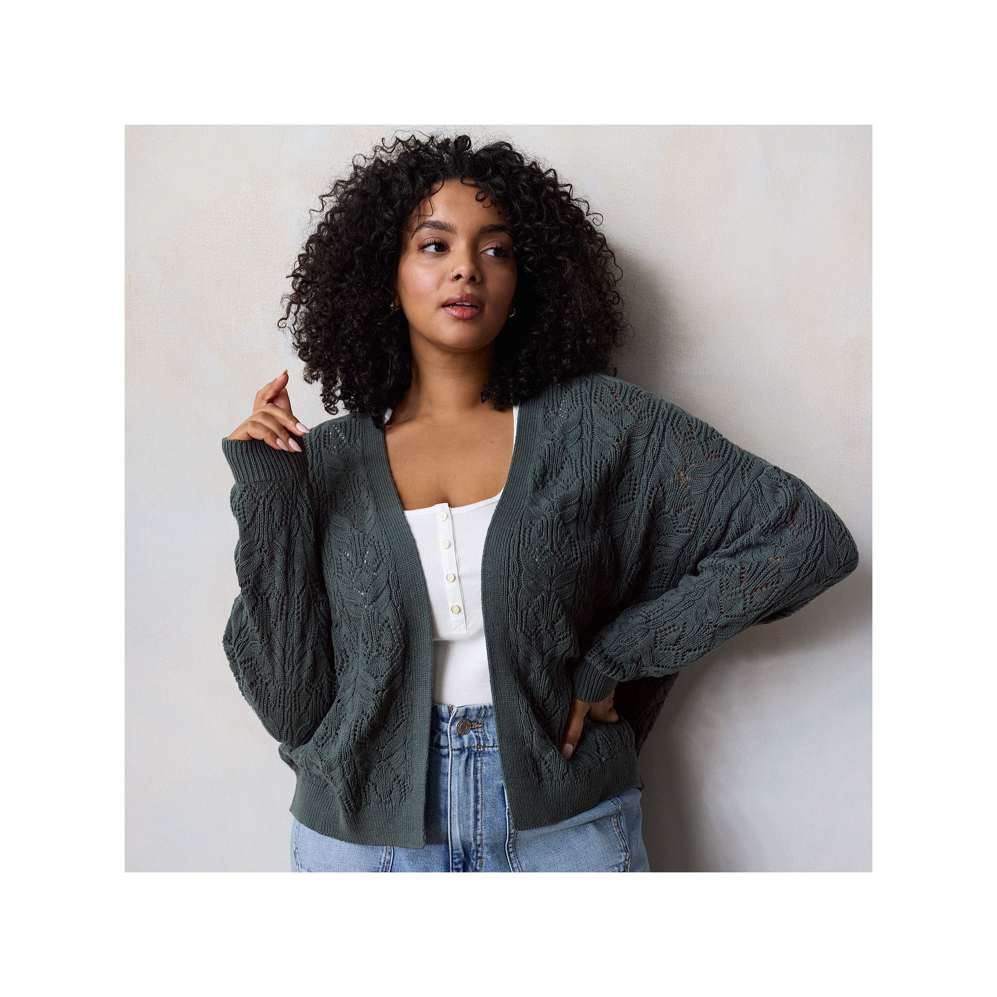 Plus Size LC Lauren Conrad Open Front Pointelle Stitch Cardigan, Womens, S