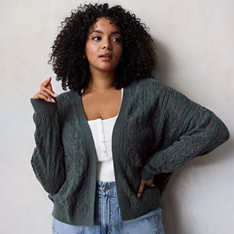 Plus Size LC Lauren Conrad Open Front Pointelle Stitch Cardigan