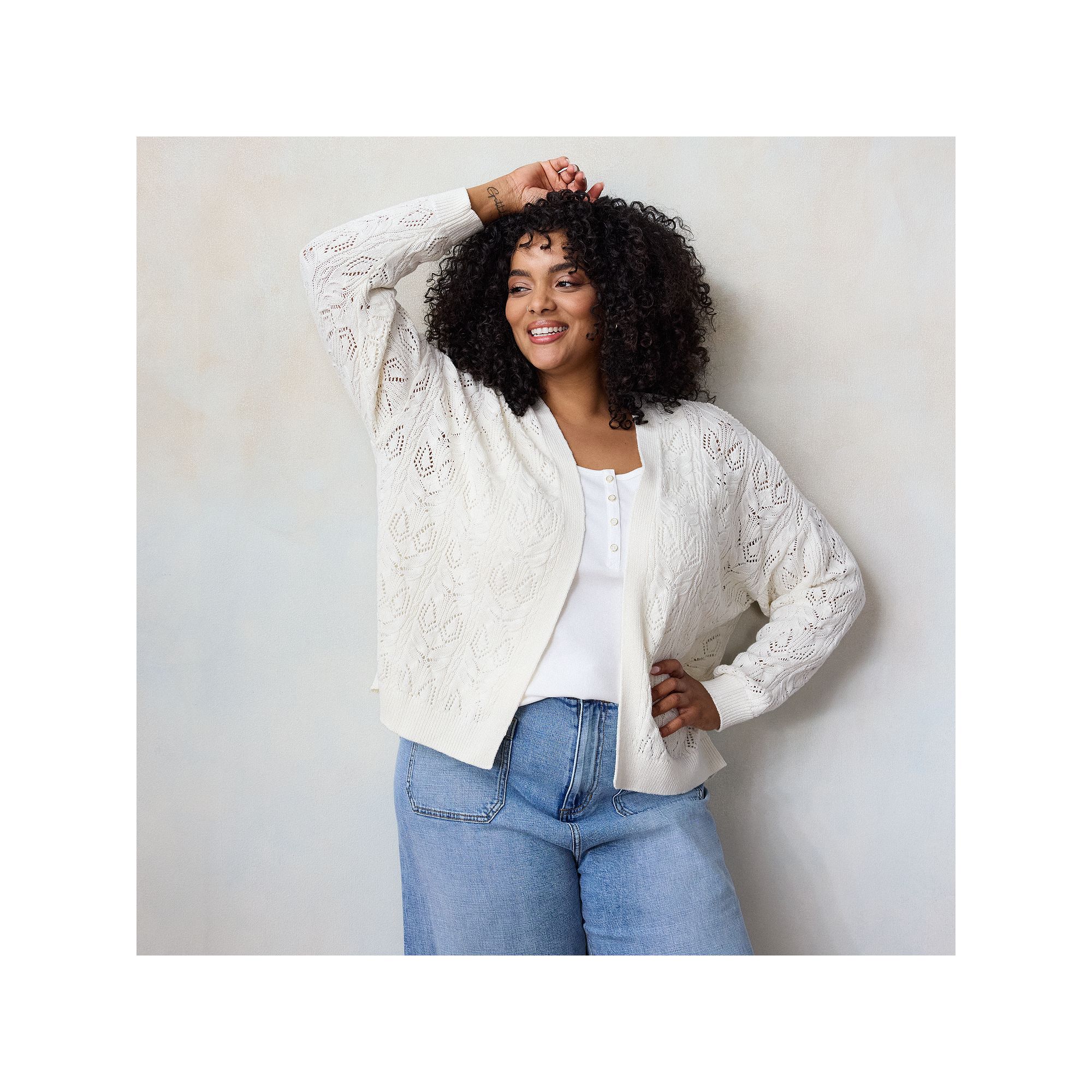 Plus Size LC Lauren Conrad Open Front Pointelle Stitch Cardigan, Womens, S