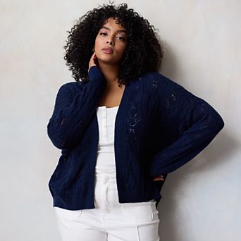 Plus Size LC Lauren Conrad Open Front Pointelle Stitch Cardigan