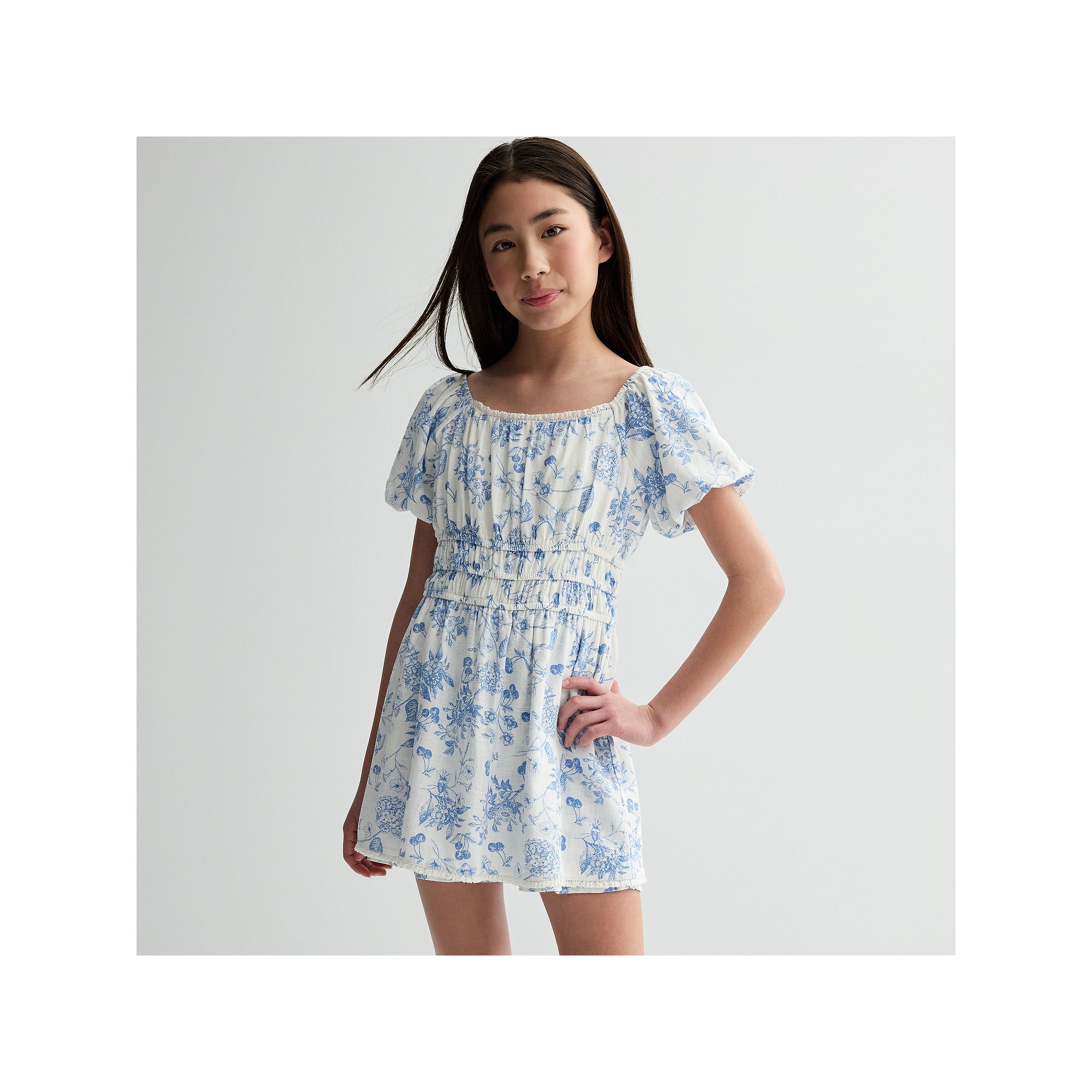 Girls 7-16 eyeshadow Puff Sleeve Smocked Waist Romper, Girls, Size: Small,