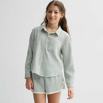 Girls 7-16 eyeshadow 2 pc Long Sleeve Button-Up Top & Shorts Set