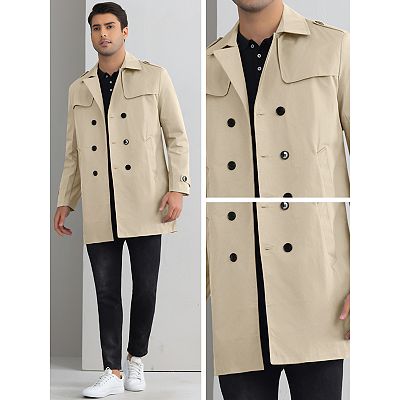 Belted Trench Coat for Men's Notch Lapel Double Breasted