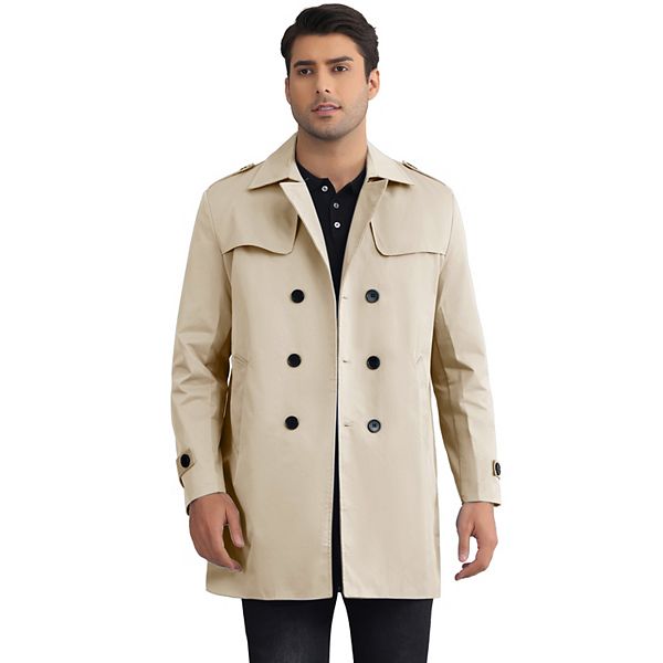 Belted Trench Coat for Men's Notch Lapel Double Breasted