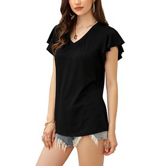 Ruffle Sleeve Tops for Women Short Sleeve V Neck T-Shirts Loose Casual Flowy Blouse Blouse