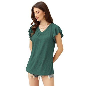 Ruffle Sleeve Tops for Women Short Sleeve V Neck T-Shirts Loose Casual Flowy Blouse Blouse