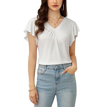 Ruffle Sleeve Tops for Women Short Sleeve V Neck T-Shirts Loose Casual Flowy Blouse Blouse
