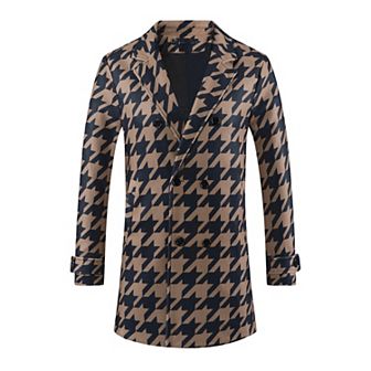 Houndstooth Trench Coat for Men's Double Breasted Plaid Pattern Winter Overcoat