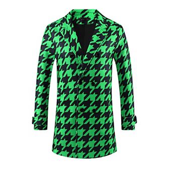 Houndstooth Trench Coat for Men's Double Breasted Plaid Pattern Winter Overcoat