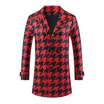 Houndstooth Trench Coat for Men's Double Breasted Plaid Pattern Winter Overcoat